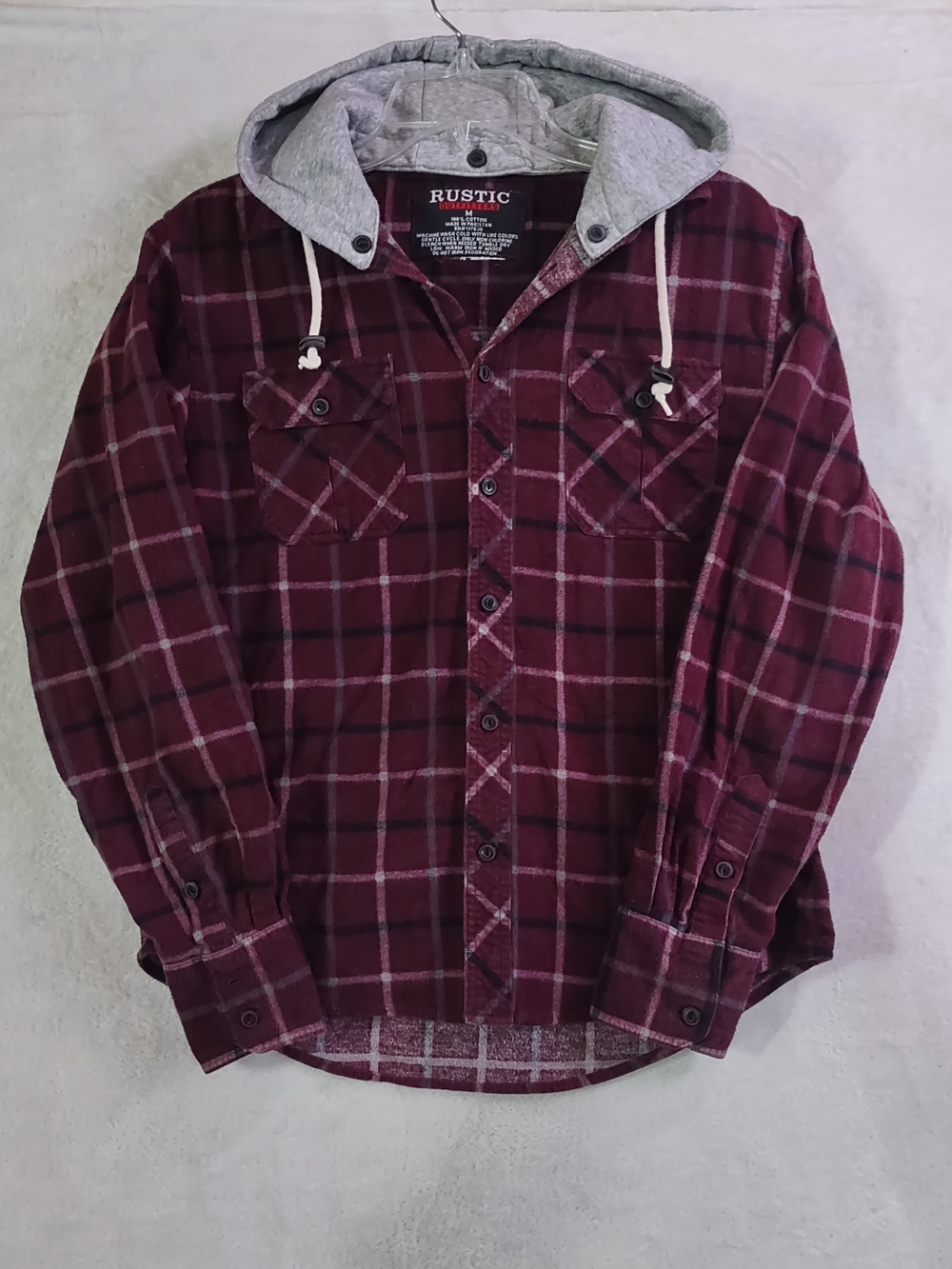 Men's Burgundy Plaid Button-Down Shirt with Removable Gray Hood